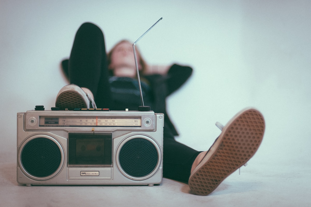 Listening to music on record player
